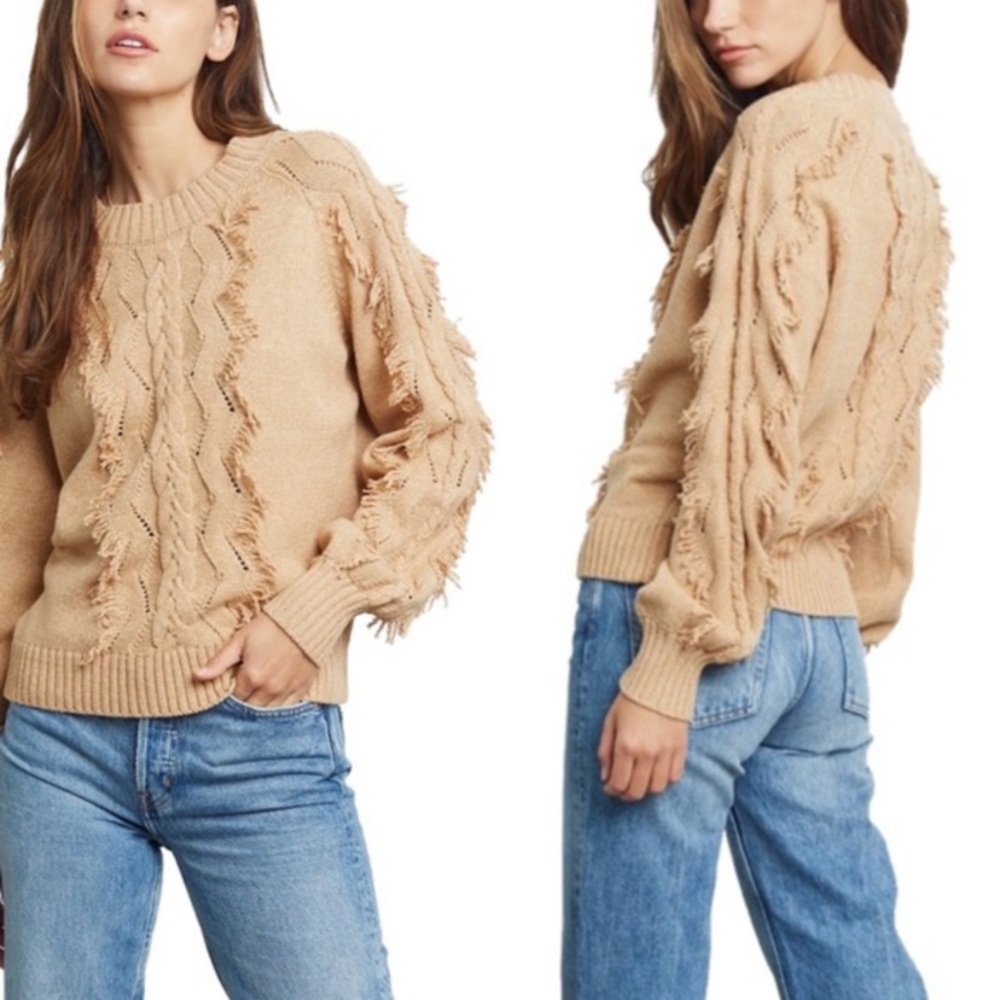 NWT RAILS Francis Sweater Heather Camel Cable & Fringe Sz XS